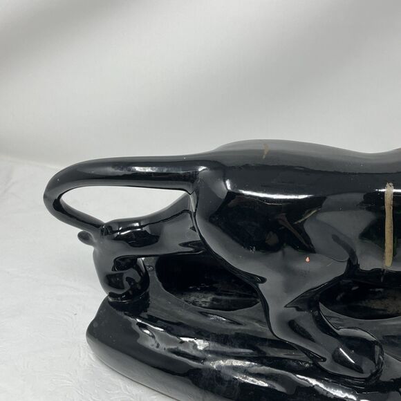50s Mid Century Ceramic Black Panther Planter with Green Rhinestone Eyes & Chain - Picture 10 of 16